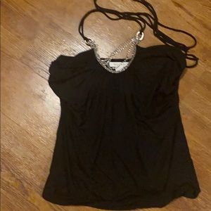 Black cotton halter with silver chains on neckline